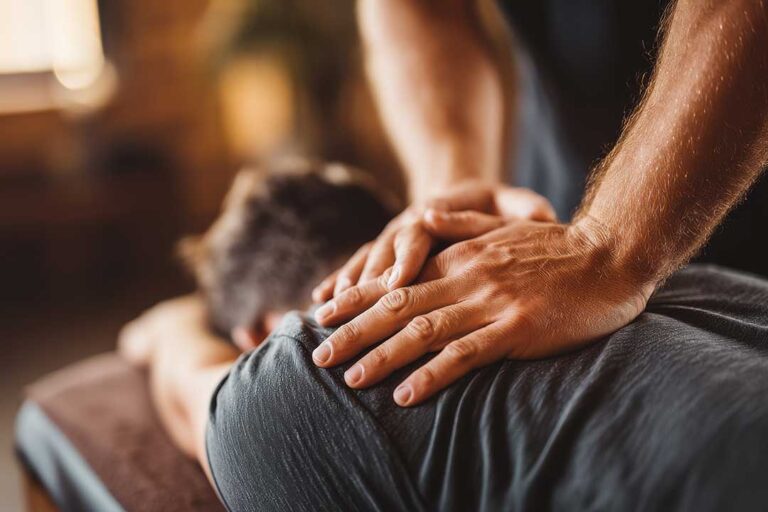 Patient and chiropractor reviewing a health history beside an examination table in a bright clinic room.